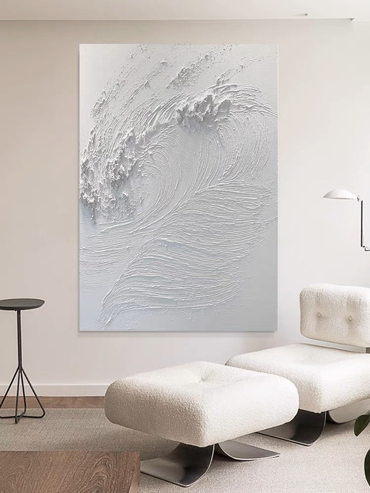 White abstract painting with textured wave-like patterns – White Waves