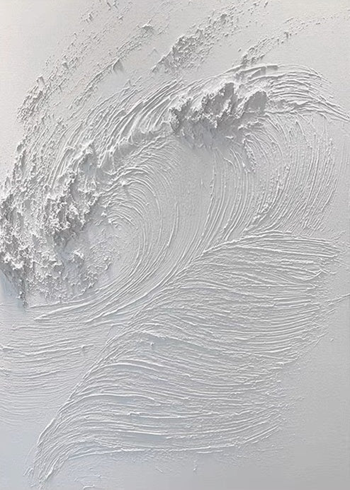 White abstract painting with textured wave-like patterns – White Waves