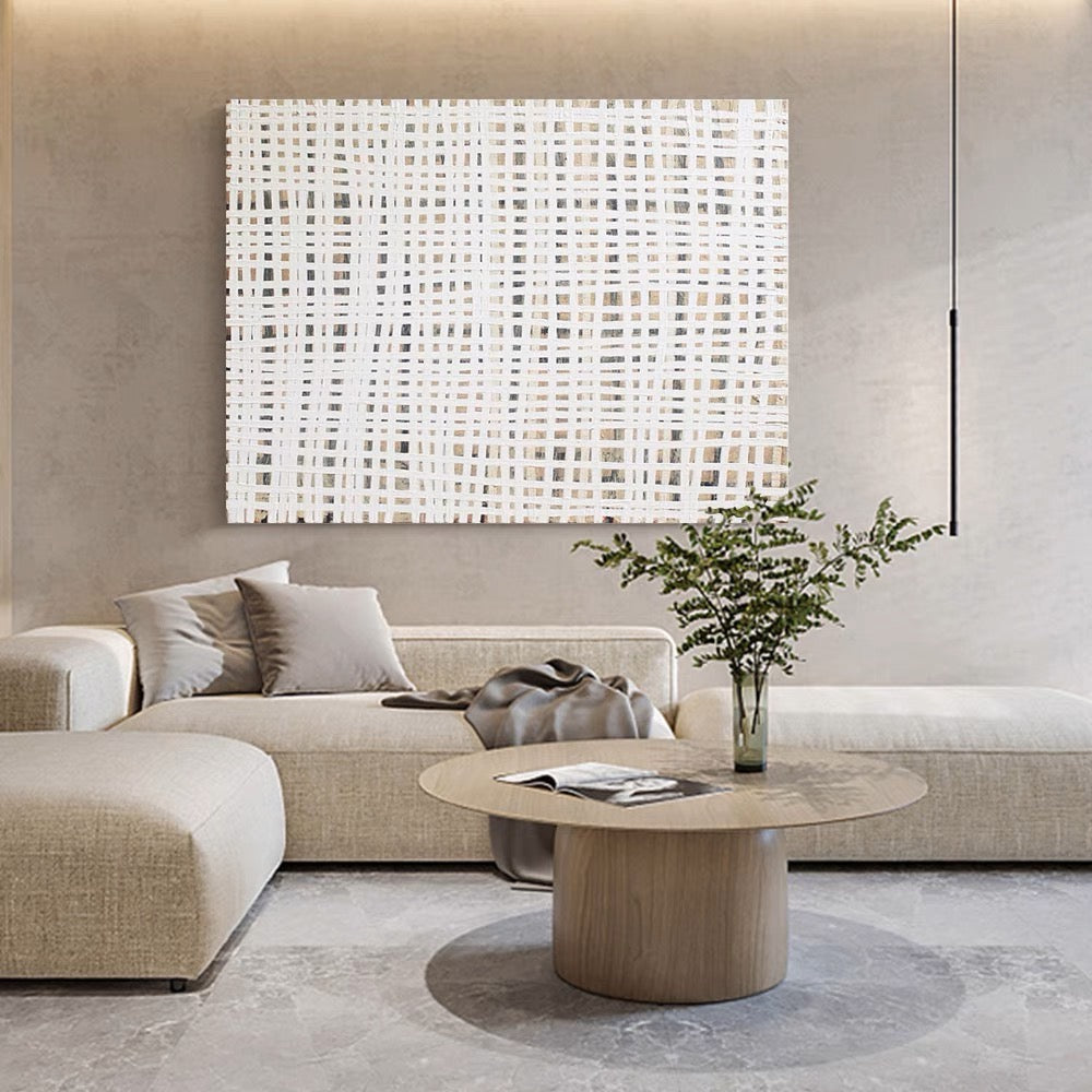 Abstract lines wall art featuring white crisscrossing lines on a neutral background – Supremacy