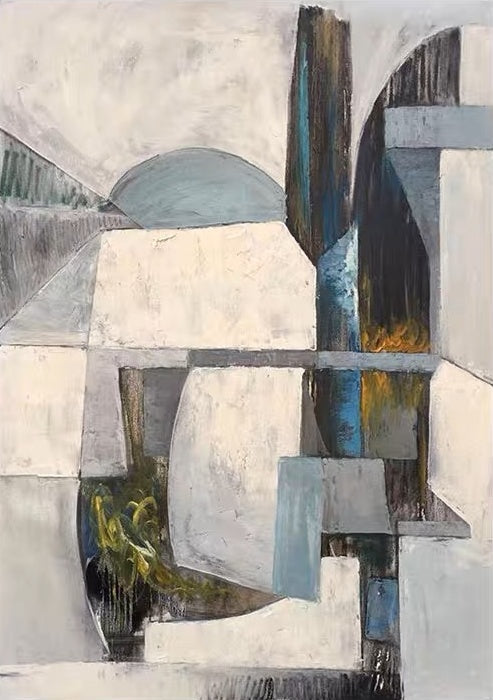 Abstract oil painting with geometric forms in blue, gray, and yellow accents – Alternative Forms