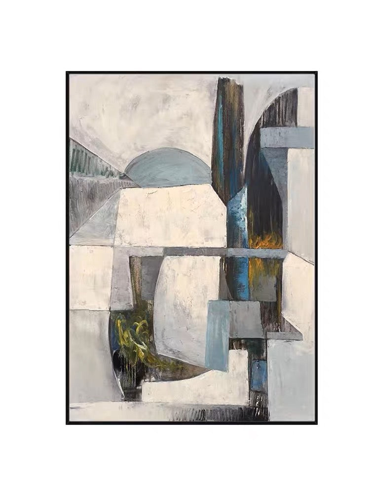 Abstract oil painting with geometric forms in blue, gray, and yellow accents – Alternative Forms