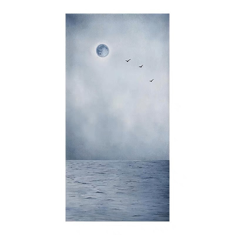 Moon art with a glowing full moon, misty ocean, and birds flying in the sky.