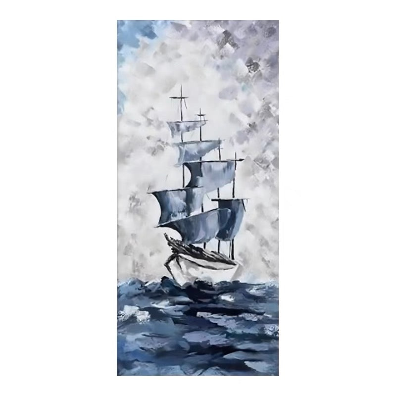 Blue ocean painting with a sailing ship on the sea, perfect for modern nautical decor.