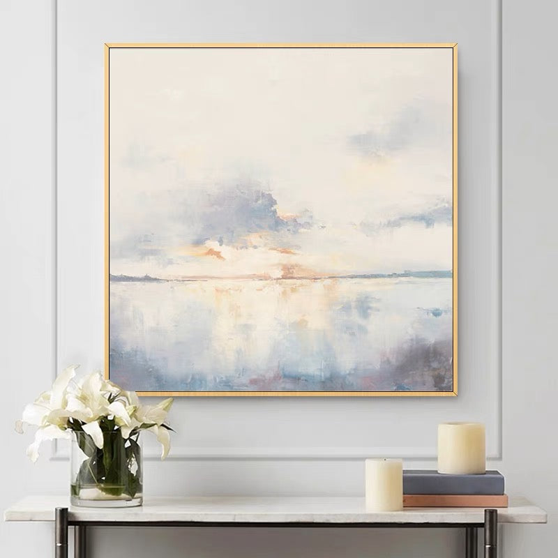 Landscape watercolor painting of a tranquil sunrise over calm water – First Sunrise