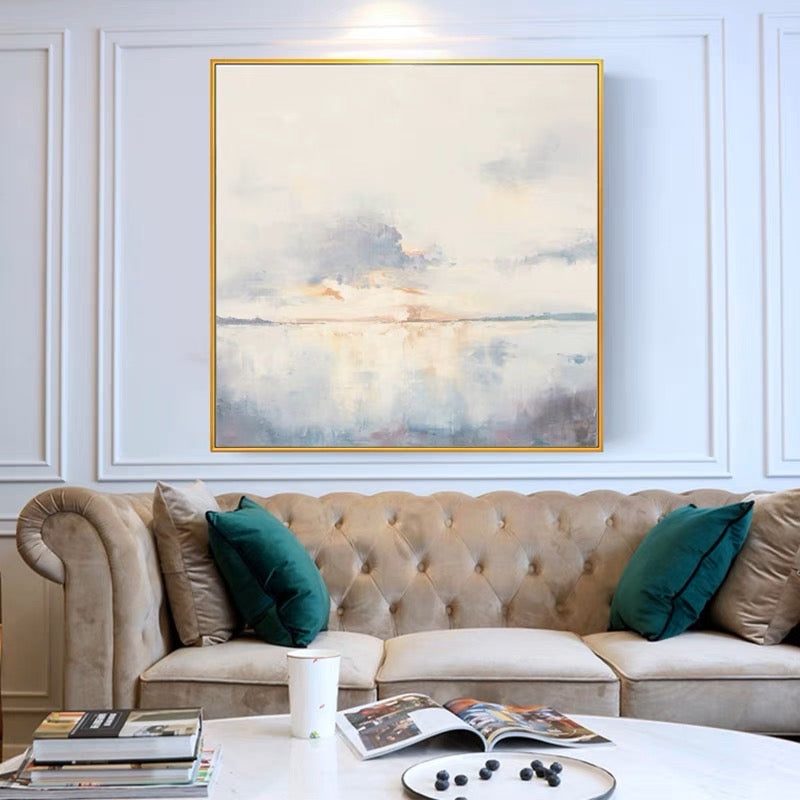 Landscape watercolor painting of a tranquil sunrise over calm water – First Sunrise