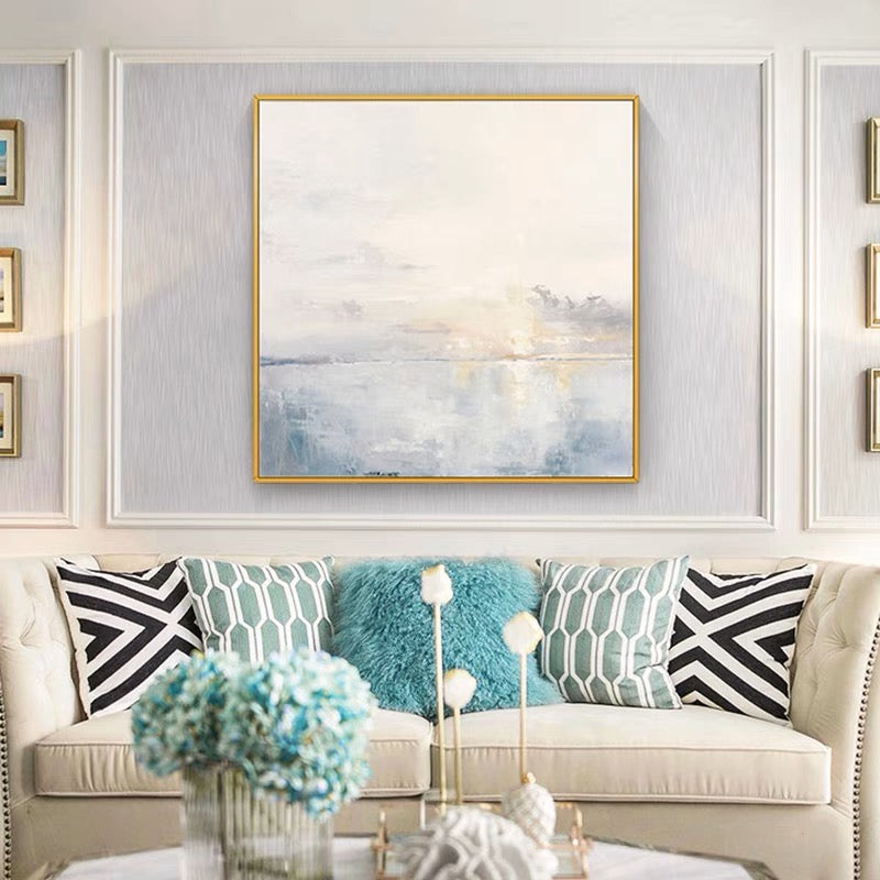 Landscape watercolor painting of a tranquil sunrise over calm water – First Sunrise