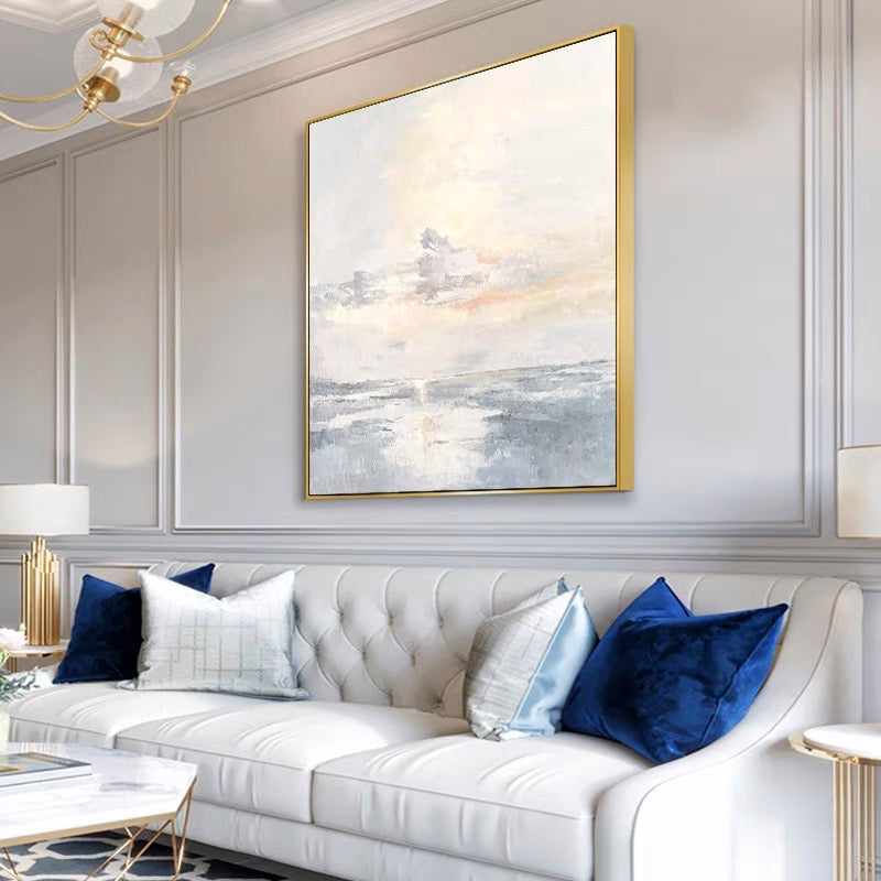 Landscape watercolor painting of a tranquil sunrise over calm water – First Sunrise