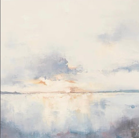 Landscape watercolor painting of a tranquil sunrise over calm water – First Sunrise