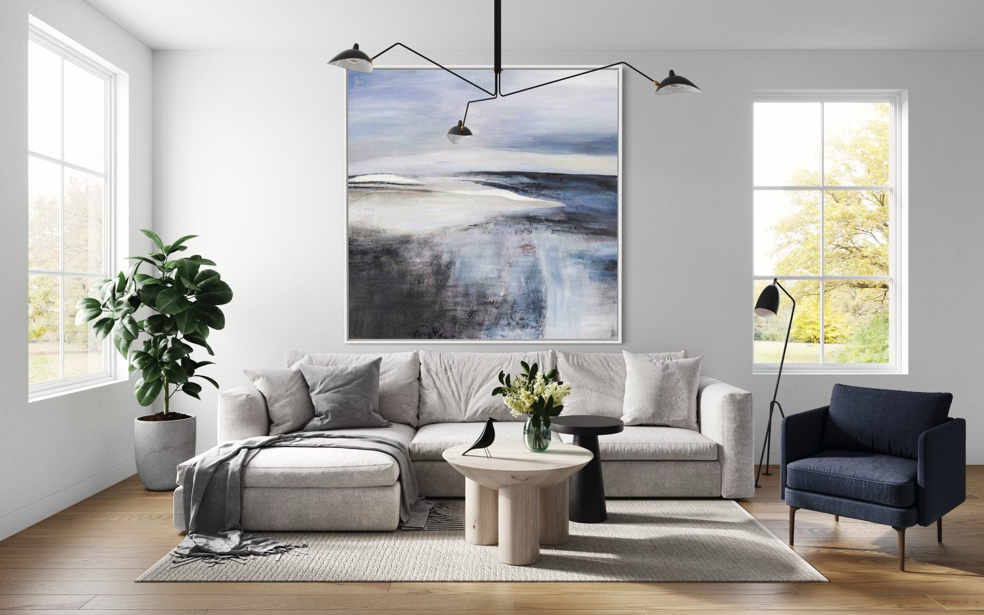 Abstract seascape painting in blue and gray tones, large canvas wall art for living room.