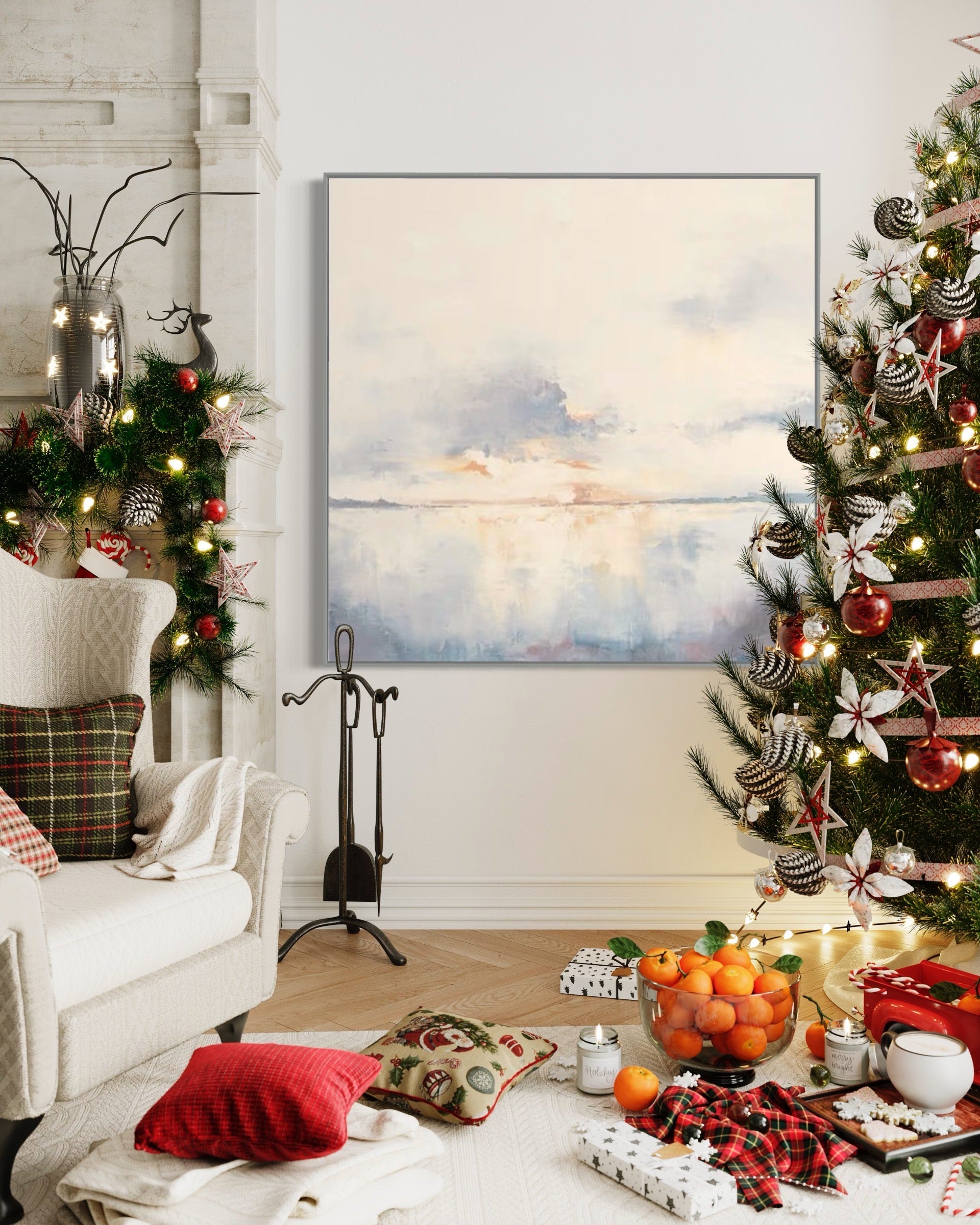 Landscape watercolor painting of a tranquil sunrise over calm water – First Sunrise