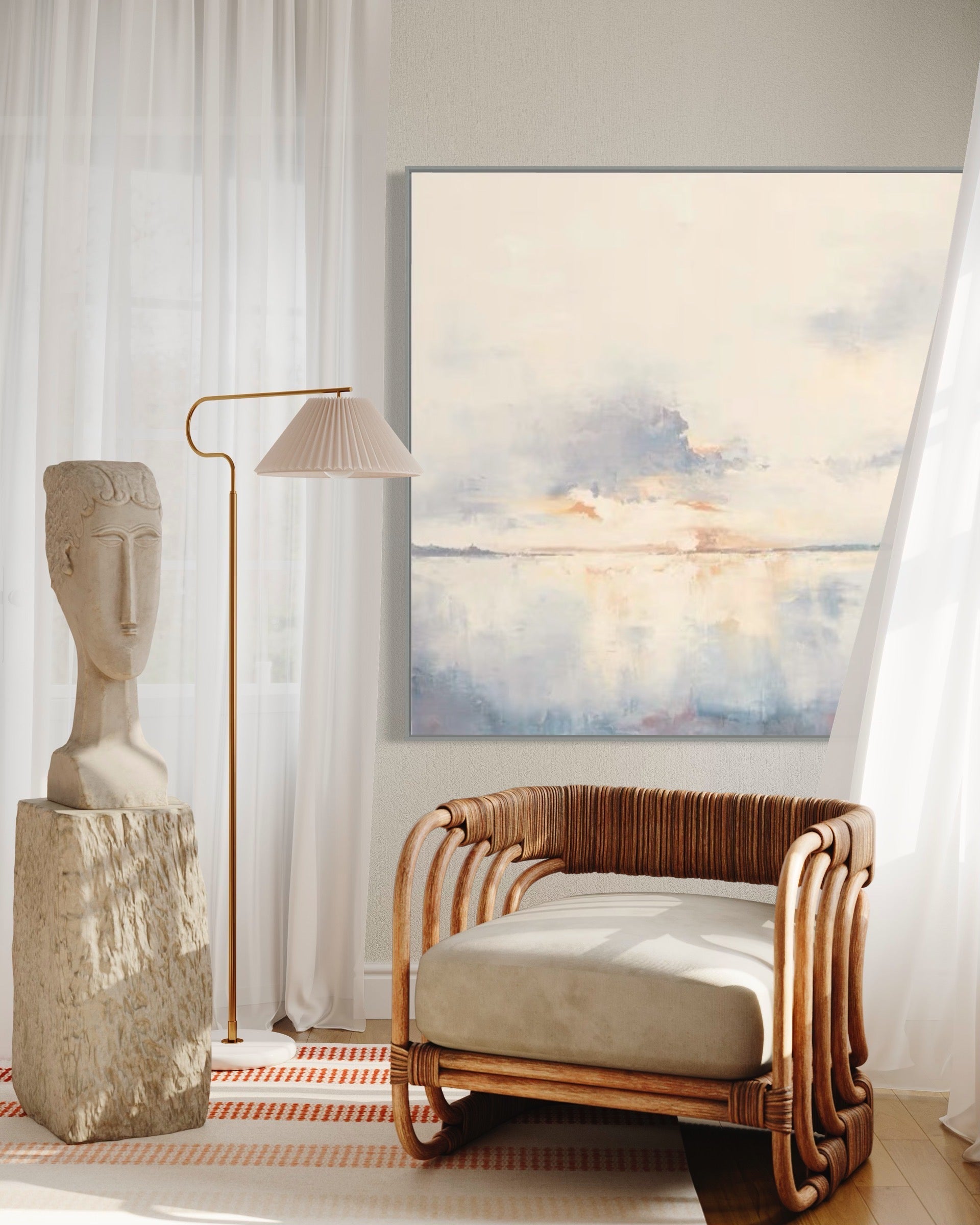 Landscape watercolor painting of a tranquil sunrise over calm water – First Sunrise