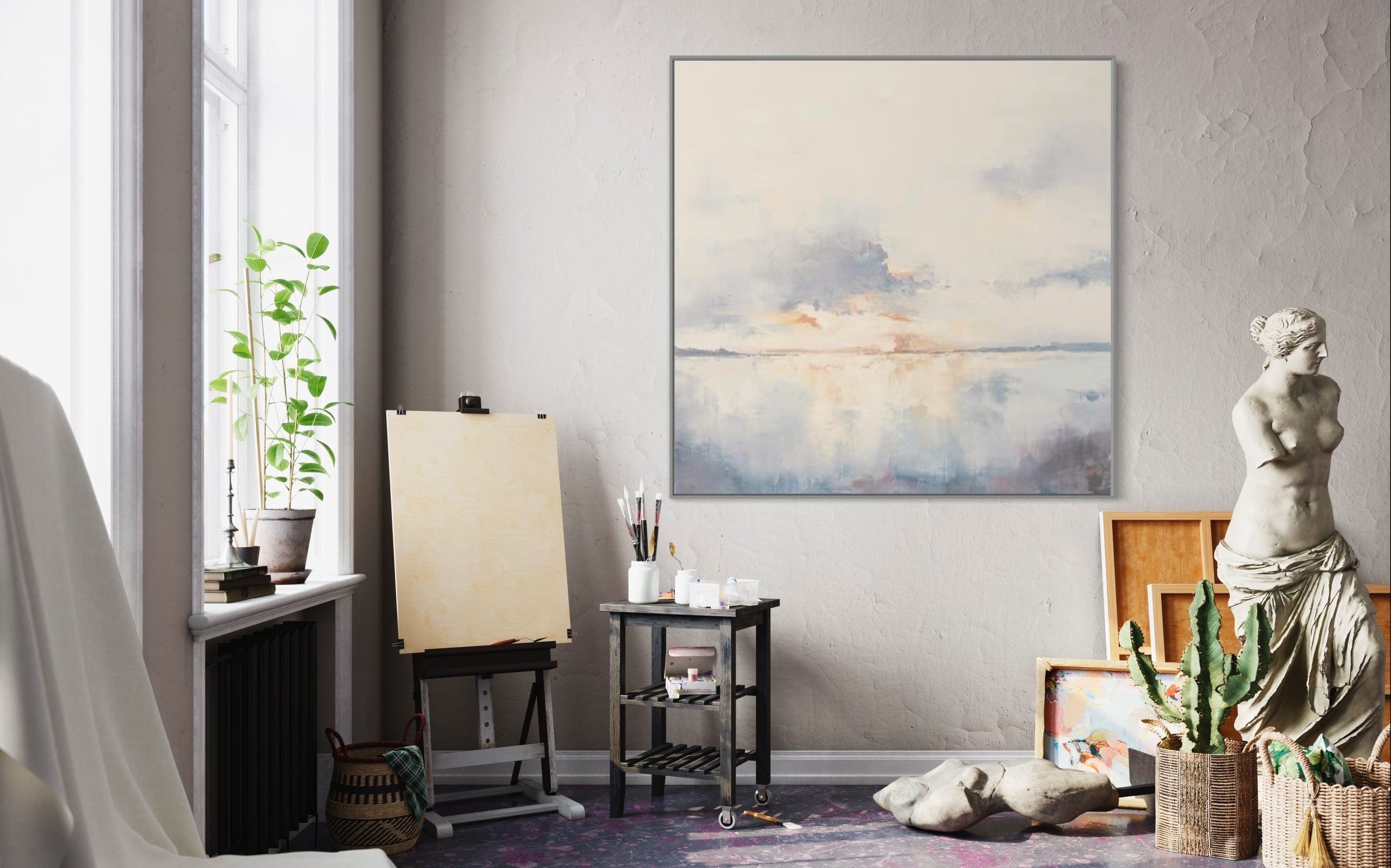 Landscape watercolor painting of a tranquil sunrise over calm water – First Sunrise