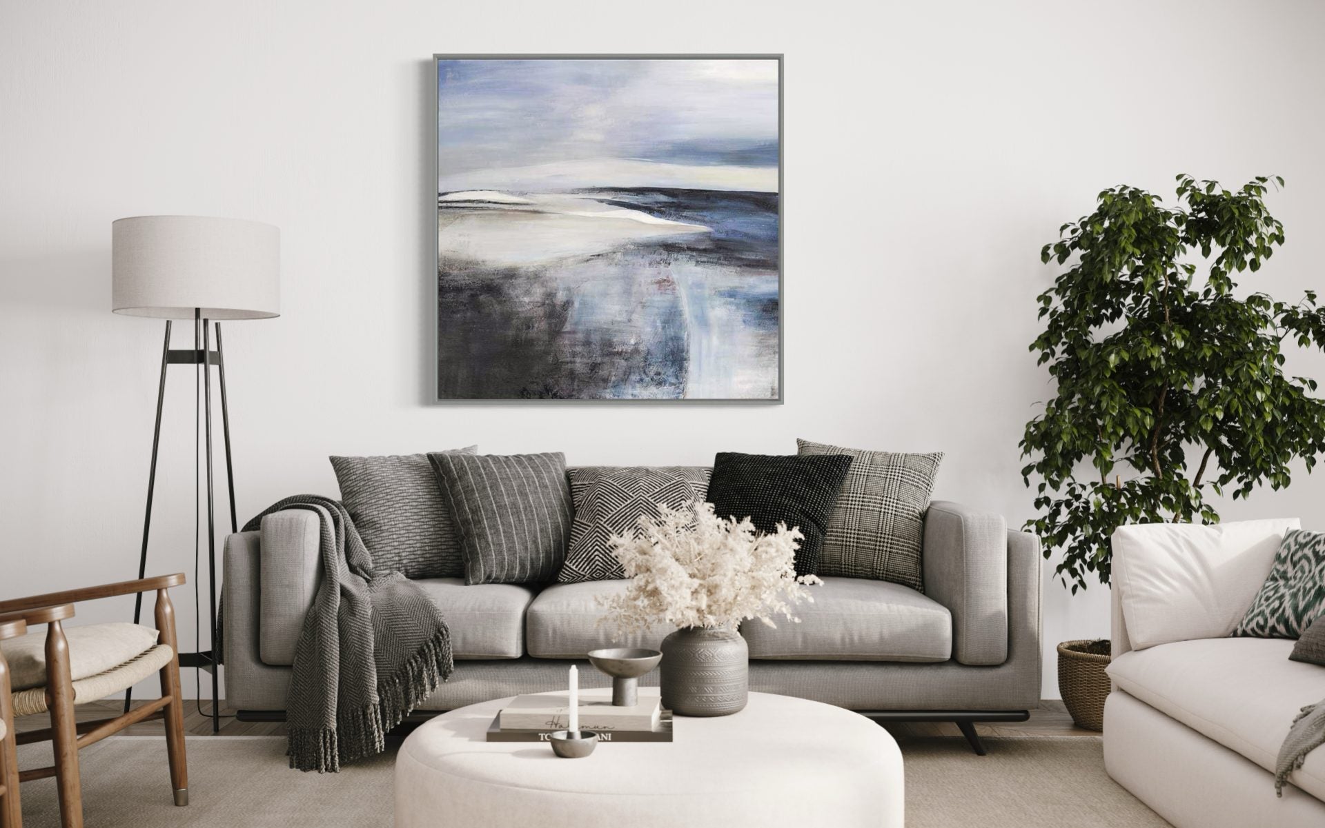 Abstract seascape painting in blue and gray tones, large canvas wall art for living room.