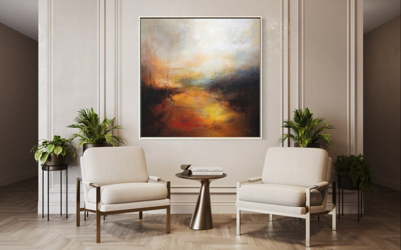 Contemporary landscape abstract art featuring warm colors and textured layers evoking a serene journey.