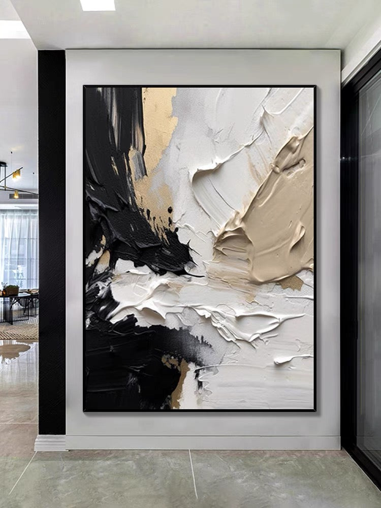 Modern textured wall art in black, beige, and white impasto style – Sculptural Strokes