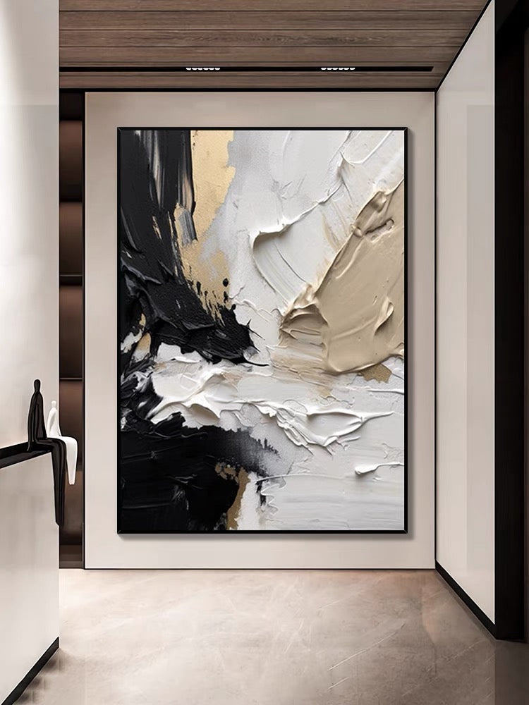 Modern textured wall art in black, beige, and white impasto style – Sculptural Strokes
