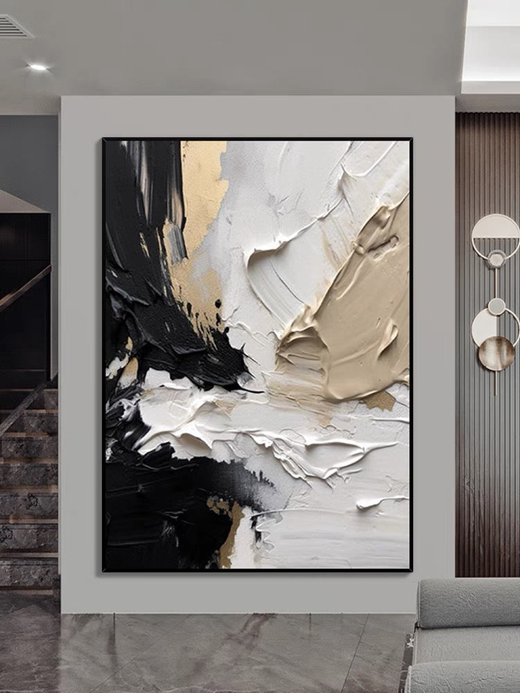 Modern textured wall art in black, beige, and white impasto style – Sculptural Strokes
