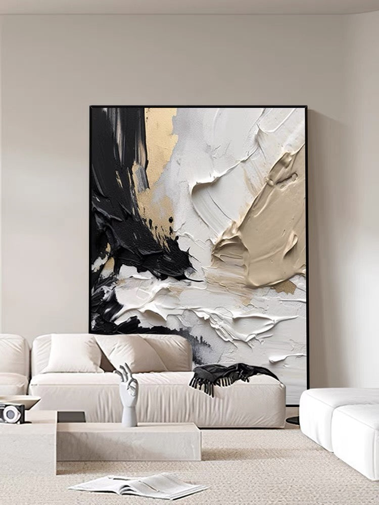Modern textured wall art in black, beige, and white impasto style – Sculptural Strokes
