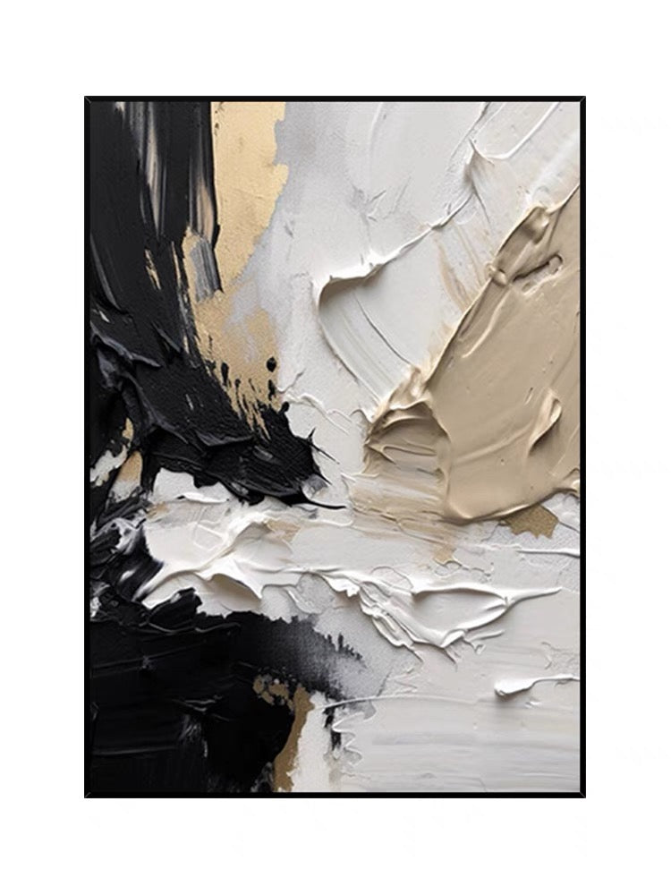 Modern textured wall art in black, beige, and white impasto style – Sculptural Strokes