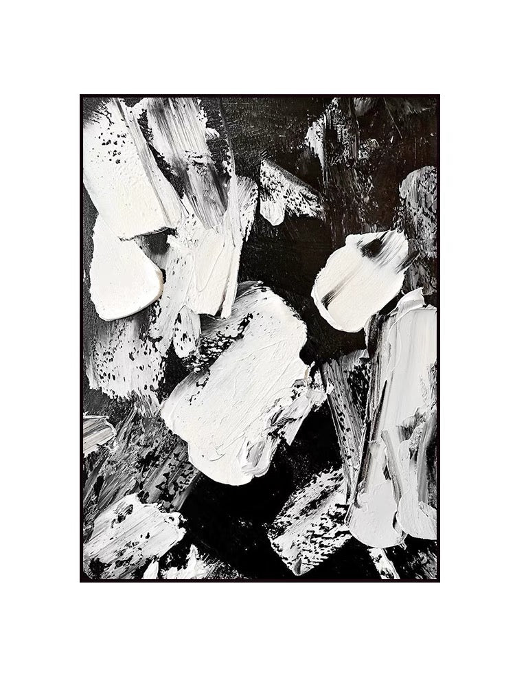 "Dynamic Contrast abstract black and white painting with bold impasto brushstrokes."