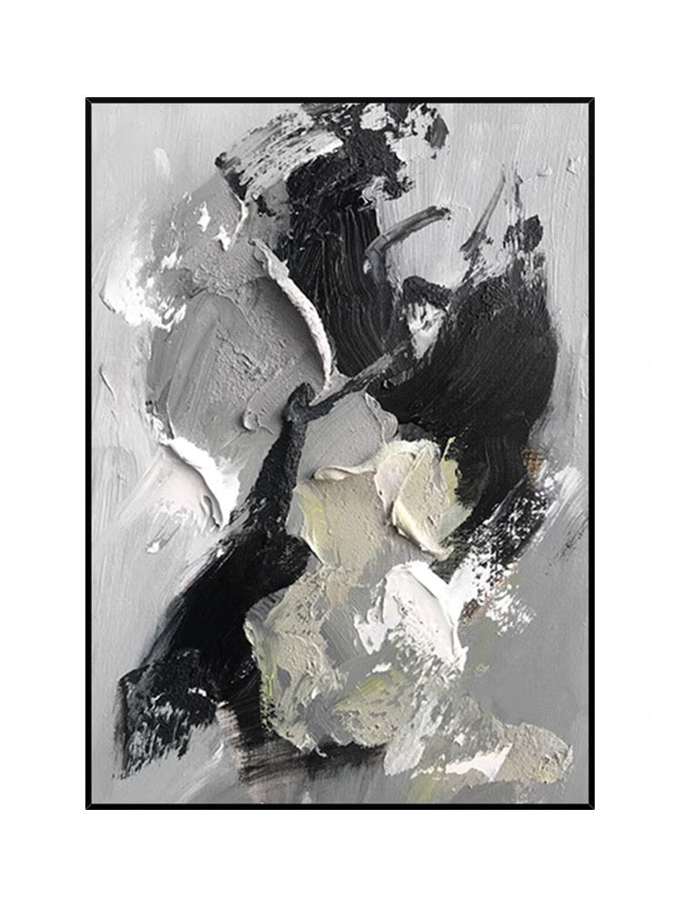 abstract black and white art impasto painting titled “Whispers of Grey”