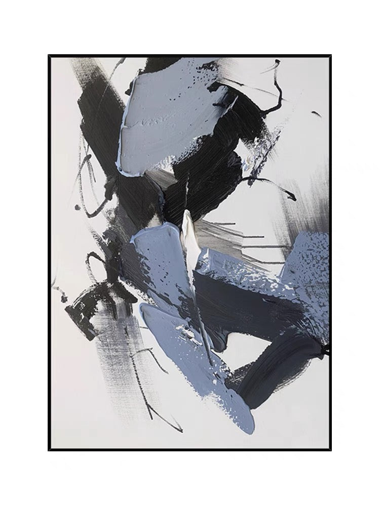 Abstract Dynamics modern abstract wall art in black, white, and blue with textured brushstrokes