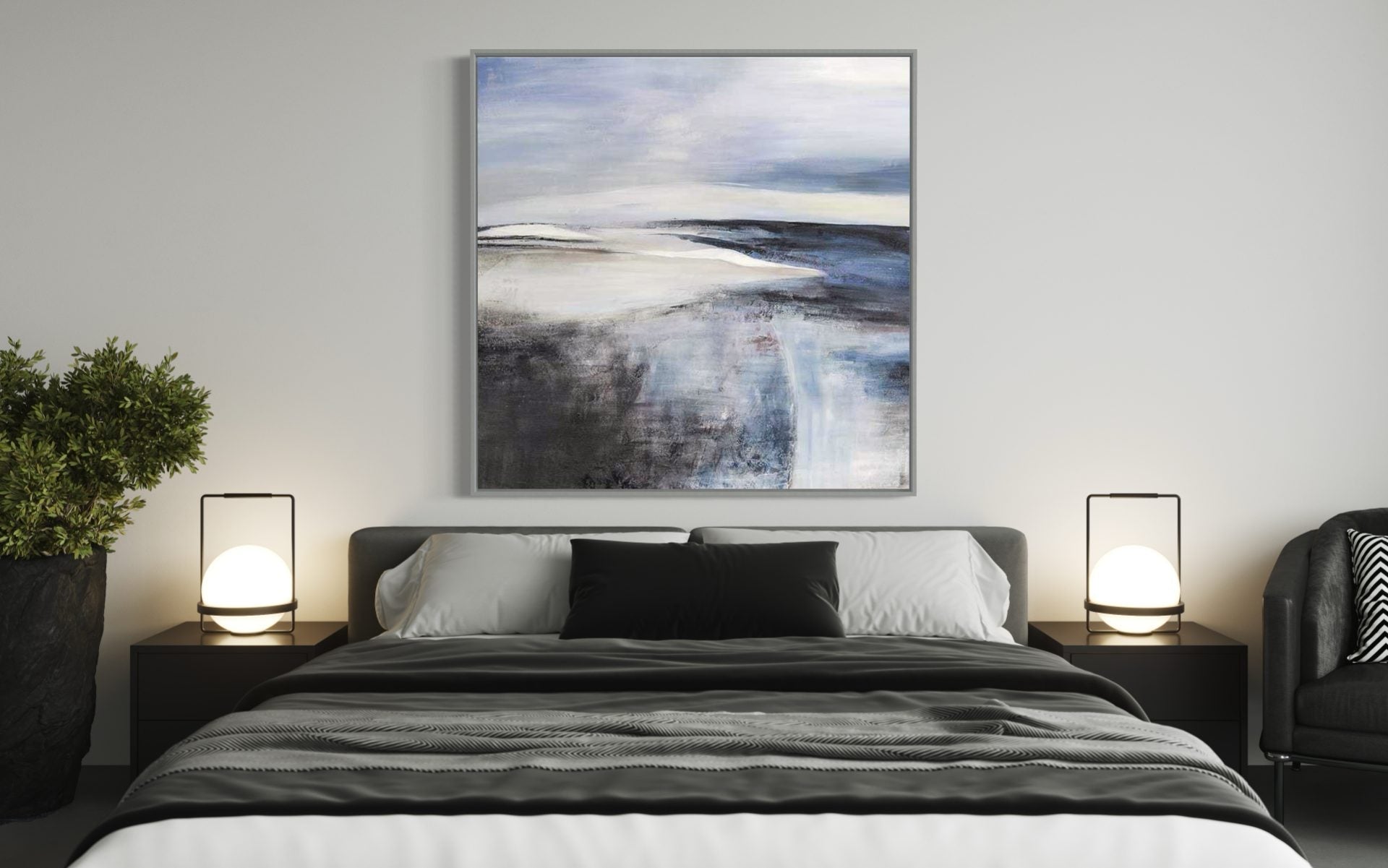 Abstract seascape painting in blue and gray tones, large canvas wall art for living room.
