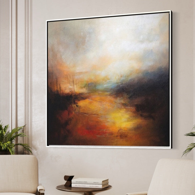 Contemporary landscape abstract art featuring warm colors and textured layers evoking a serene journey.