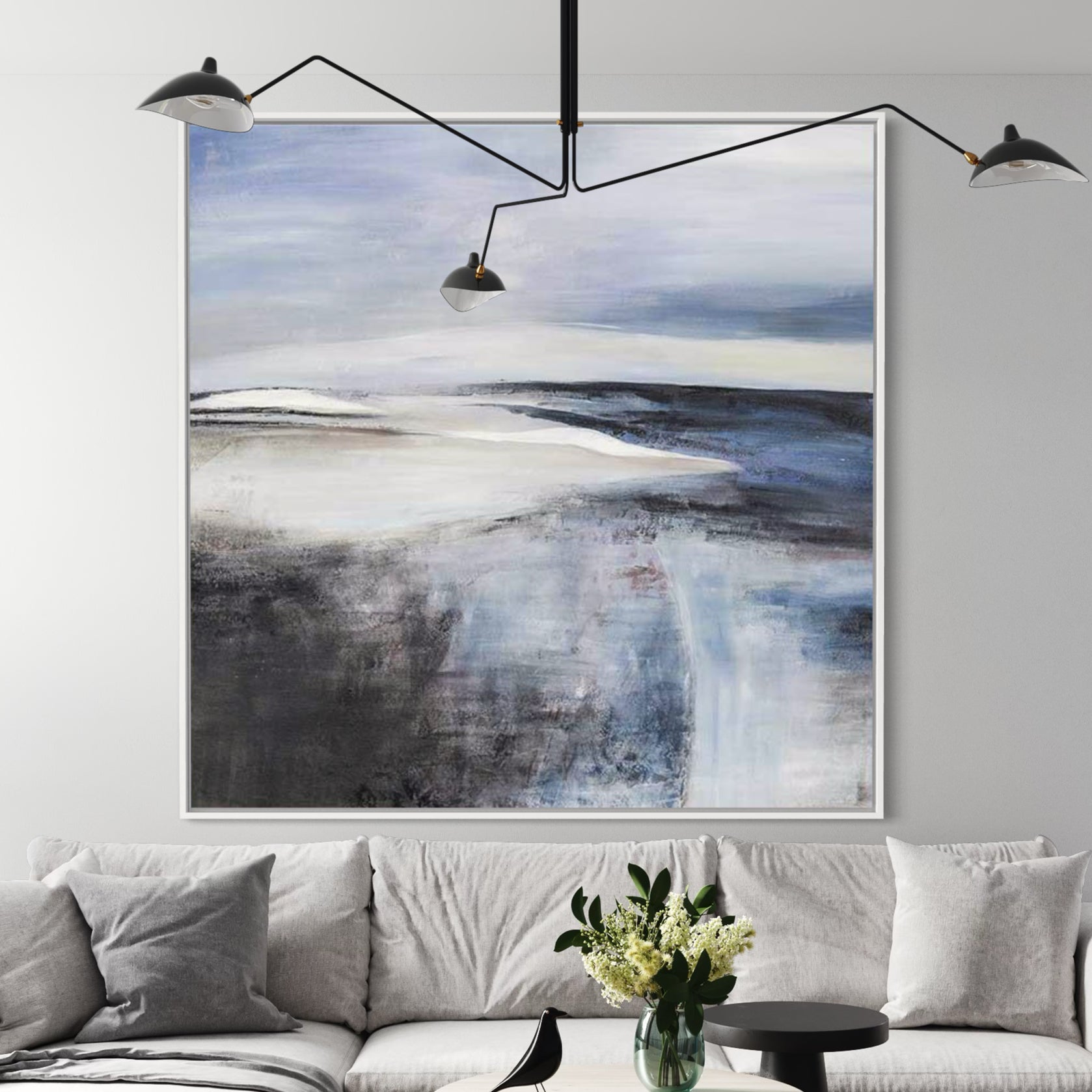Abstract seascape painting in blue and gray tones, large canvas wall art for living room.