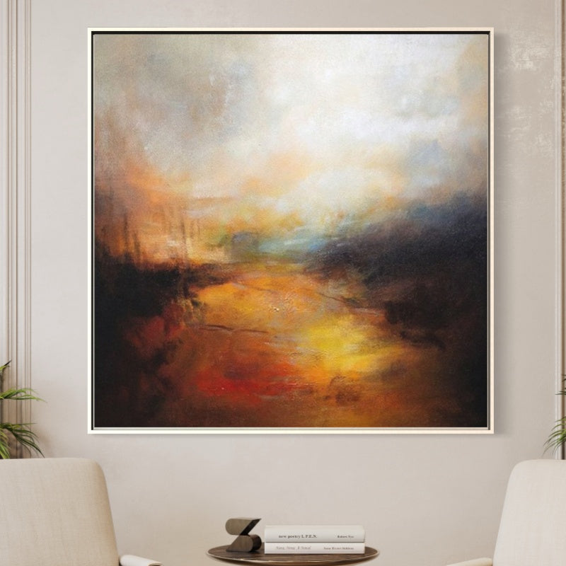 Contemporary landscape abstract art featuring warm colors and textured layers evoking a serene journey.