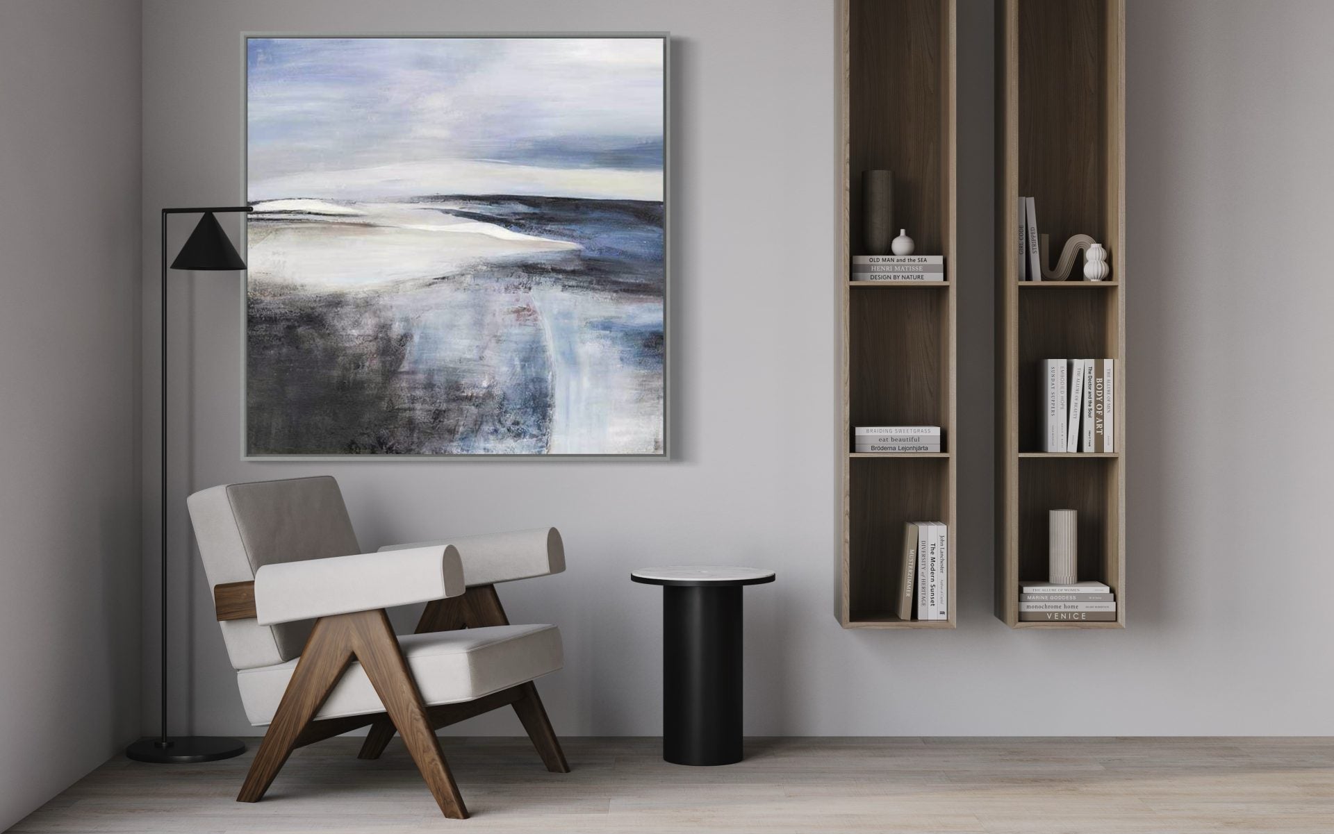 Abstract seascape painting in blue and gray tones, large canvas wall art for living room.