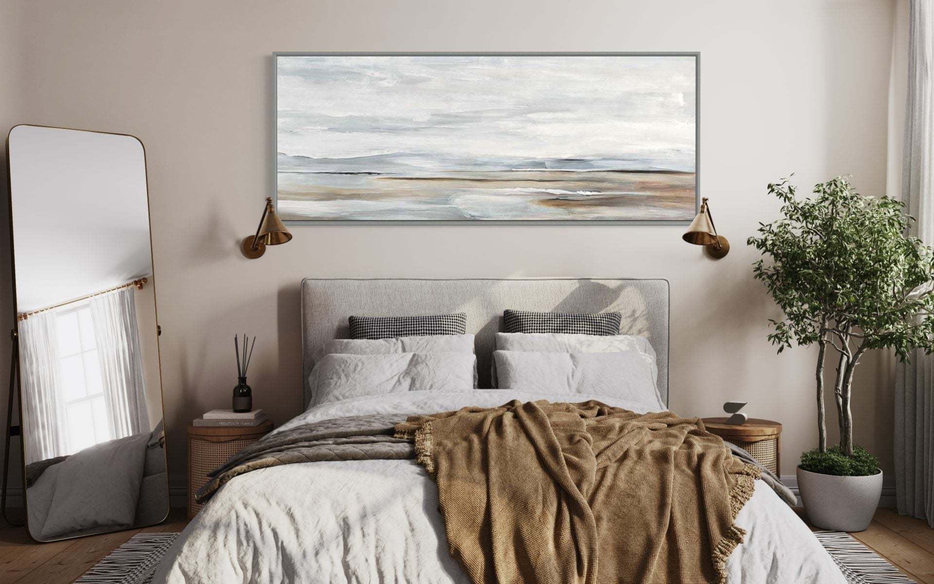 Large coastal wall art with soft waves and neutral tones, perfect for modern home decor.