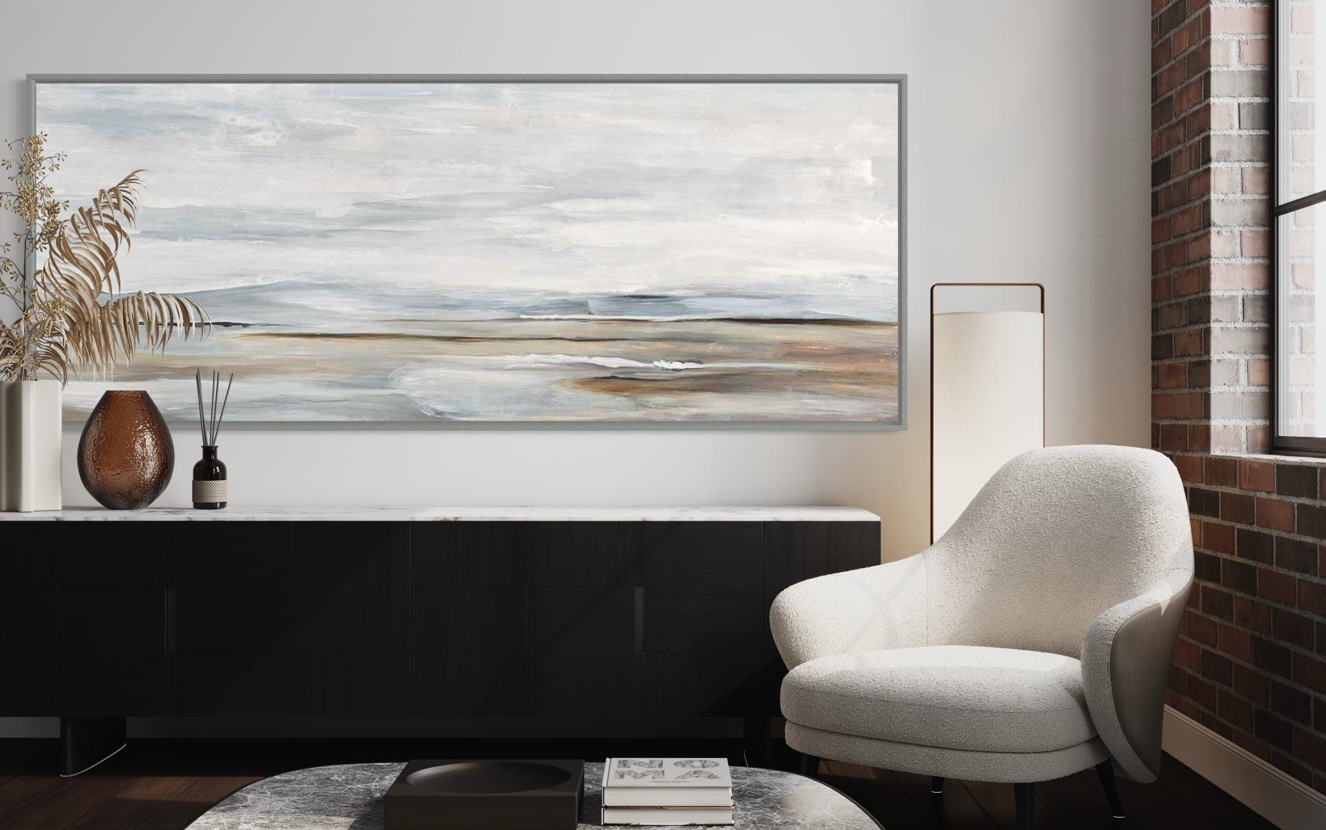 Large coastal wall art with soft waves and neutral tones, perfect for modern home decor.
