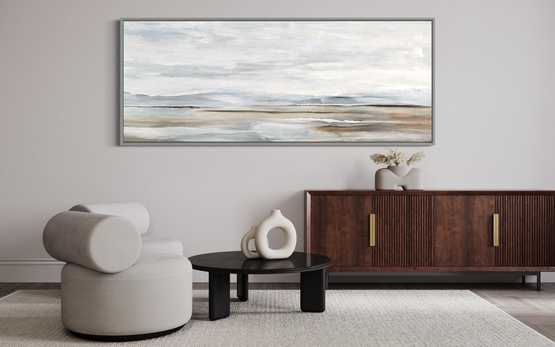 Large coastal wall art with soft waves and neutral tones, perfect for modern home decor.
