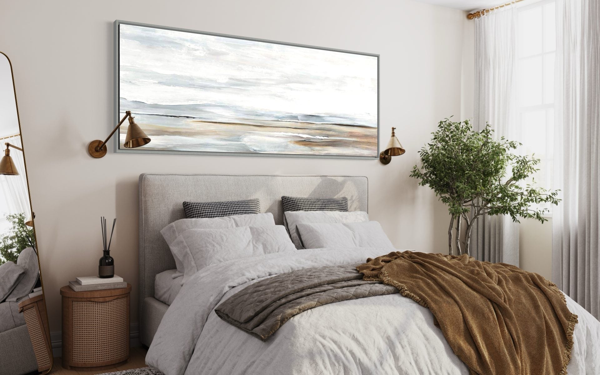 Large coastal wall art with soft waves and neutral tones, perfect for modern home decor.
