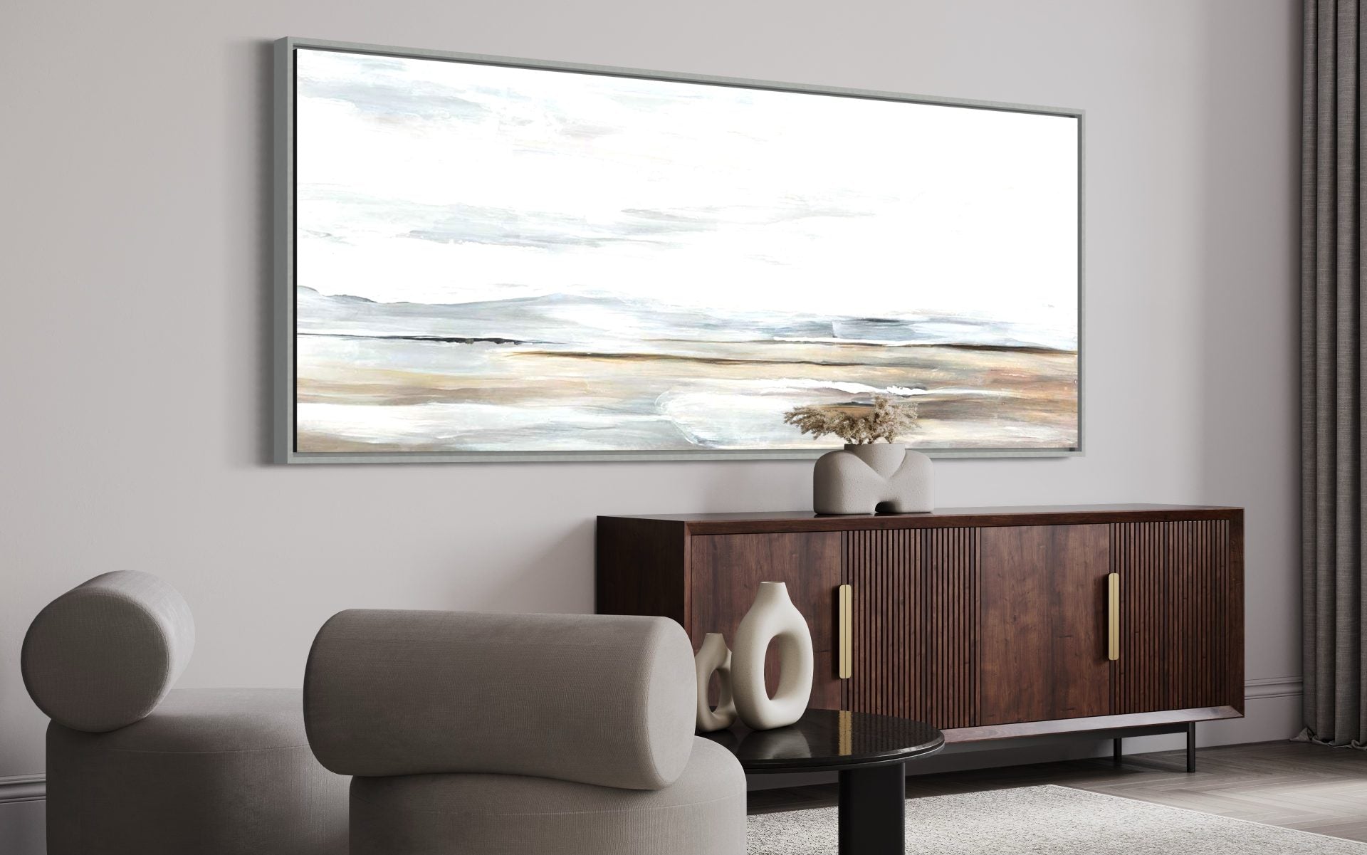 Large coastal wall art with soft waves and neutral tones, perfect for modern home decor.