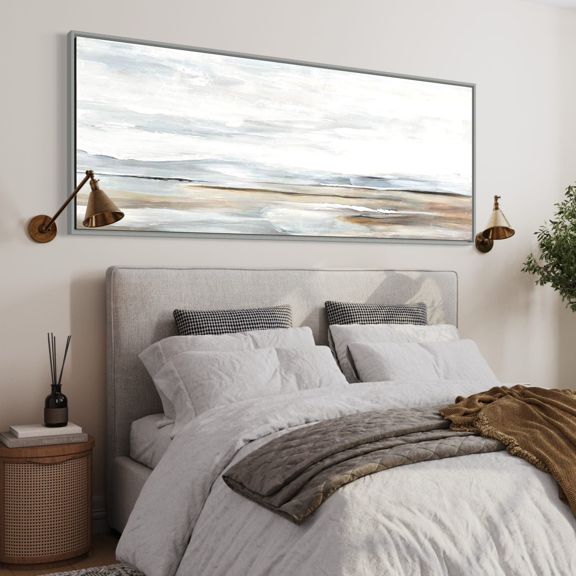 Large coastal wall art with soft waves and neutral tones, perfect for modern home decor.