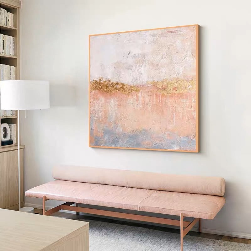 Gold abstract wall art with soft pink, blue, and gold accents – Lucky Day