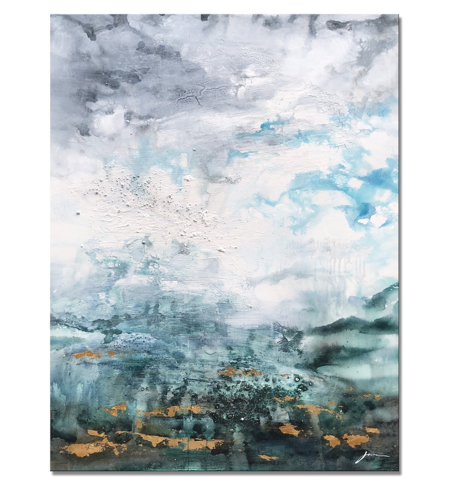 Luster modern contemporary wall decor abstract painting with grey, blue, and gold tones