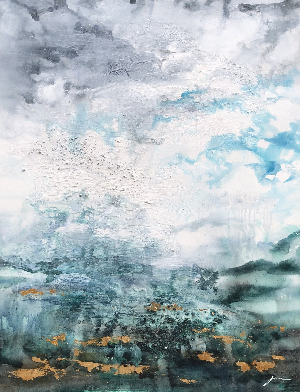 Luster modern contemporary wall decor abstract painting with grey, blue, and gold tones