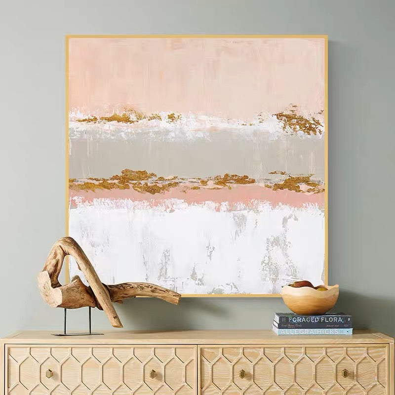 Modern contemporary wall decor featuring soft pink, gold, and white abstract design – Luxurious Pink