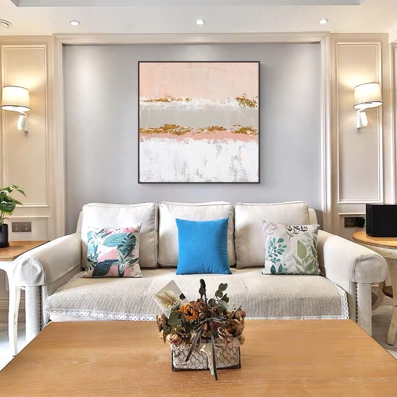 Modern contemporary wall decor featuring soft pink, gold, and white abstract design – Luxurious Pink