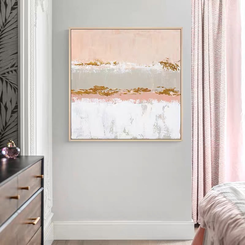 Modern contemporary wall decor featuring soft pink, gold, and white abstract design – Luxurious Pink