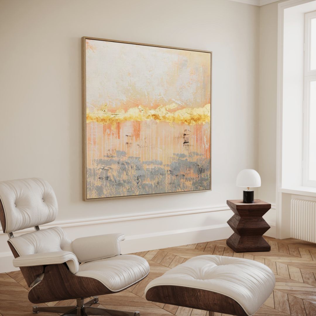 Gold abstract wall art with gold accents and soft pink and gray tones – Masks