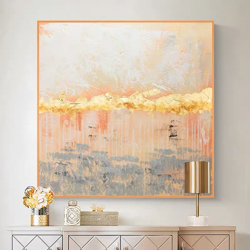 Gold abstract wall art with gold accents and soft pink and gray tones – Masks