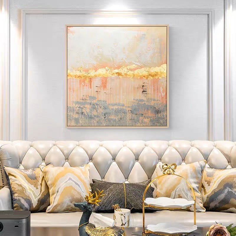 Gold abstract wall art with gold accents and soft pink and gray tones – Masks