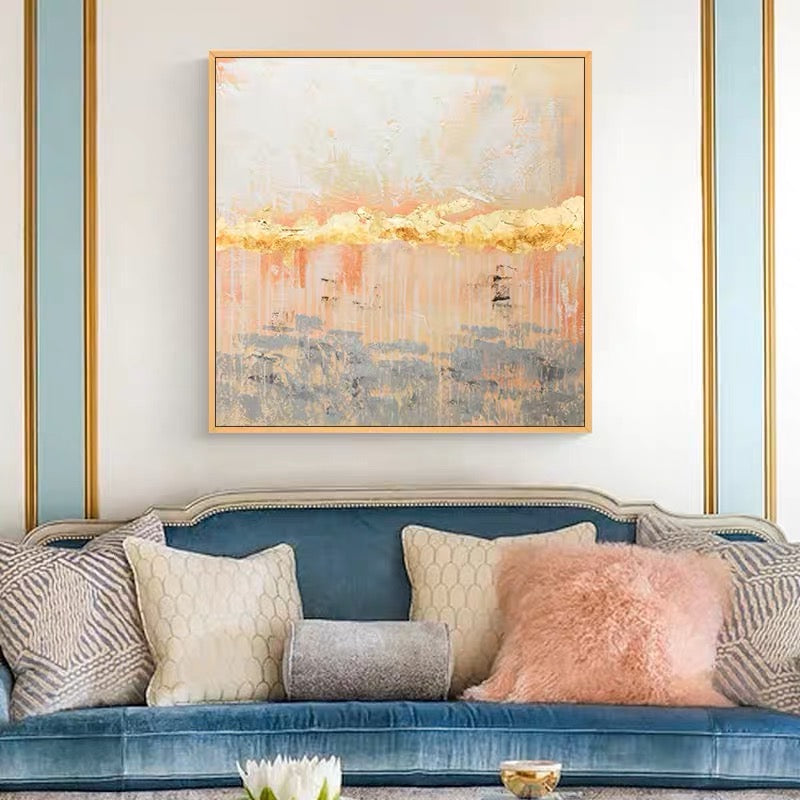 Gold abstract wall art with gold accents and soft pink and gray tones – Masks