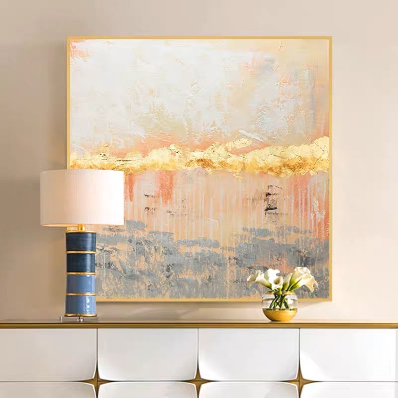 Gold abstract wall art with gold accents and soft pink and gray tones – Masks