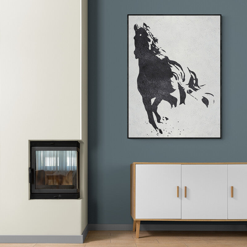 Running horse painting in black and white silhouette, symbolizing strength and stamina