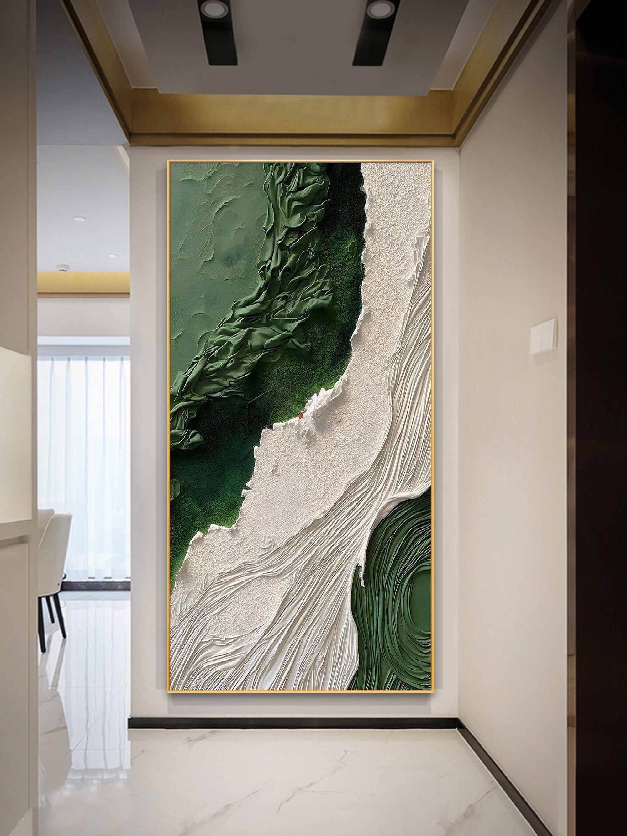 Abstract plaster art on canvas with green and ivory textured patterns, handcrafted wall painting